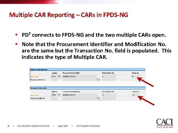 Multiple CAR Reporting – CARs in FPDS-NG § PD² connects to FPDS-NG and the