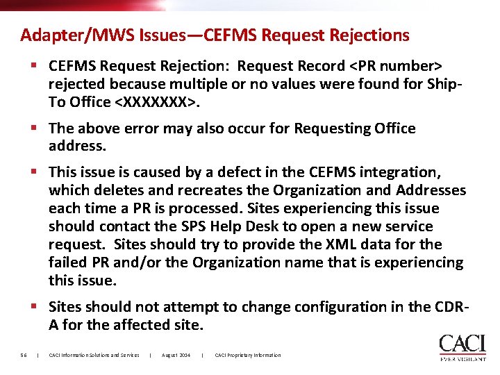 Adapter/MWS Issues—CEFMS Request Rejections § CEFMS Request Rejection: Request Record <PR number> rejected because