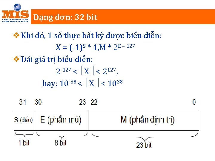 Dạng đơn: 32 bit v Khi đó, 1 số thực bất kỳ được biểu