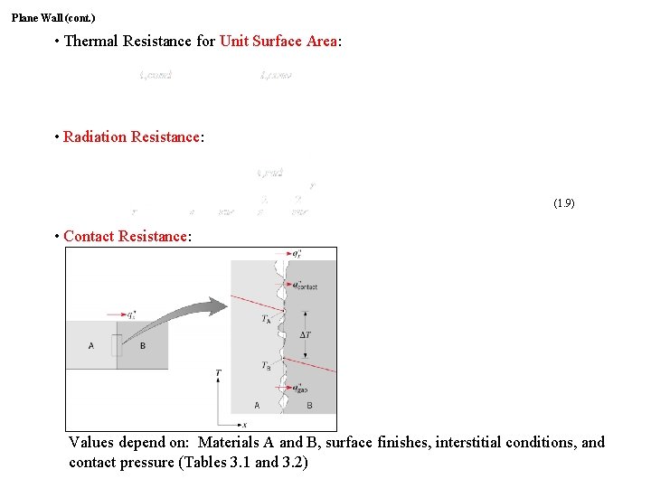 Plane Wall (cont. ) • ∙ Thermal Resistance for Unit Surface Area: • ∙