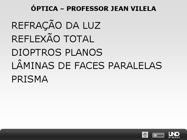 ÓPTICA – PROFESSOR JEAN VILELA REFRAÇÃO DA LUZ REFLEXÃO TOTAL DIOPTROS PLANOS L MINAS