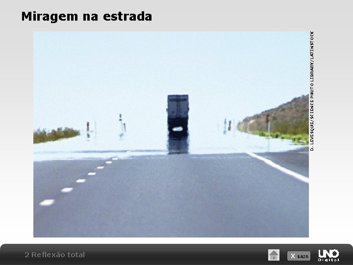D. LEVESQUE/SCIENCE PHOTO LIBRARY/LATINSTOCK Miragem na estrada 2 Reflexão total X SAIR D. LEVESQUE/SCIENCE PHOTO LIBRARY/LATINSTOCK Miragem na estrada 2 Reflexão total X SAIR