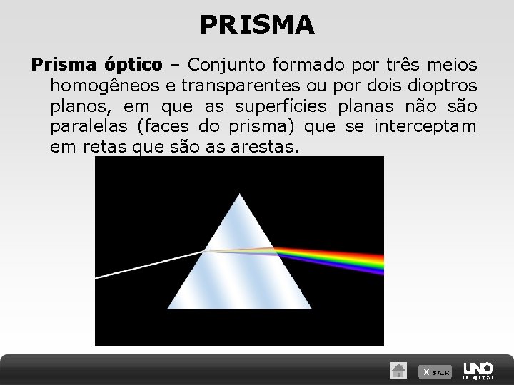 PRISMA Prisma óptico – Conjunto formado por três meios homogêneos e transparentes ou por