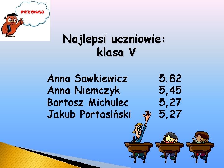 Najlepsi uczniowie: klasa V Anna Sawkiewicz Anna Niemczyk Bartosz Michulec Jakub Portasiński 5. 82