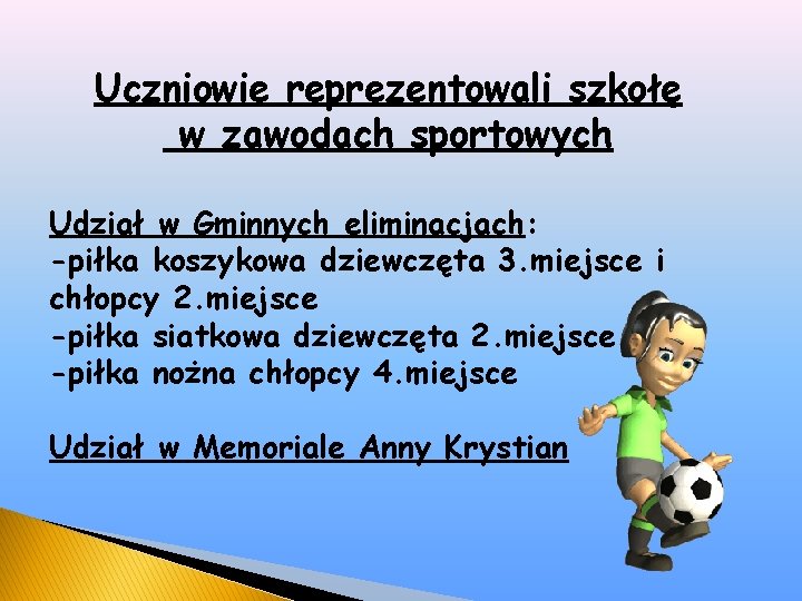 Uczniowie reprezentowali szkołę w zawodach sportowych Udział w Gminnych eliminacjach: -piłka koszykowa dziewczęta 3.