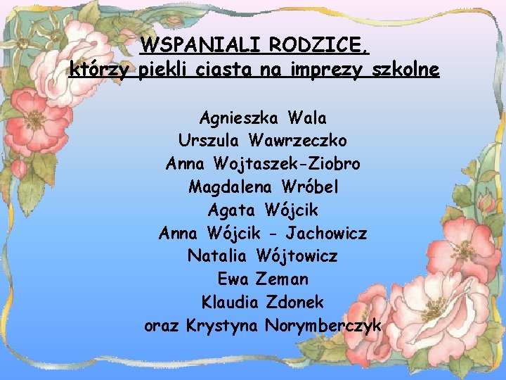 WSPANIALI RODZICE, którzy piekli ciasta na imprezy szkolne Agnieszka Wala Urszula Wawrzeczko Anna Wojtaszek-Ziobro