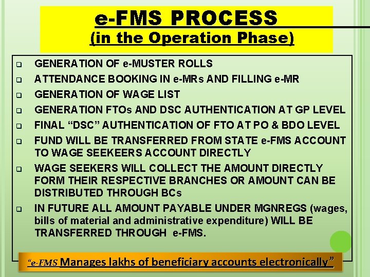e-FMS PROCESS (in the Operation Phase) q q q q GENERATION OF e-MUSTER ROLLS