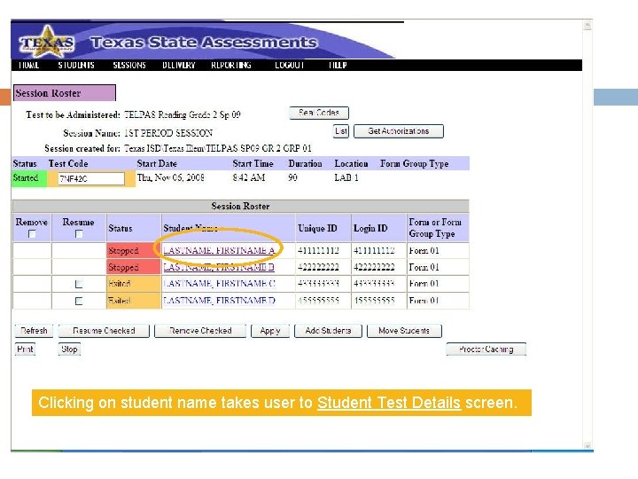 Clicking on student name takes user to Student Test Details screen. 