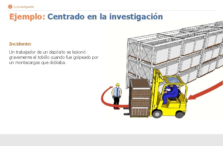 3 La investigación Ejemplo: Centrado en la investigación Incidente: Un trabajador de un depósito