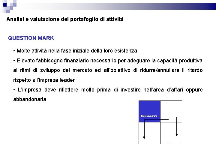 Analisi e valutazione del portafoglio di attività QUESTION MARK • Molte attività nella fase