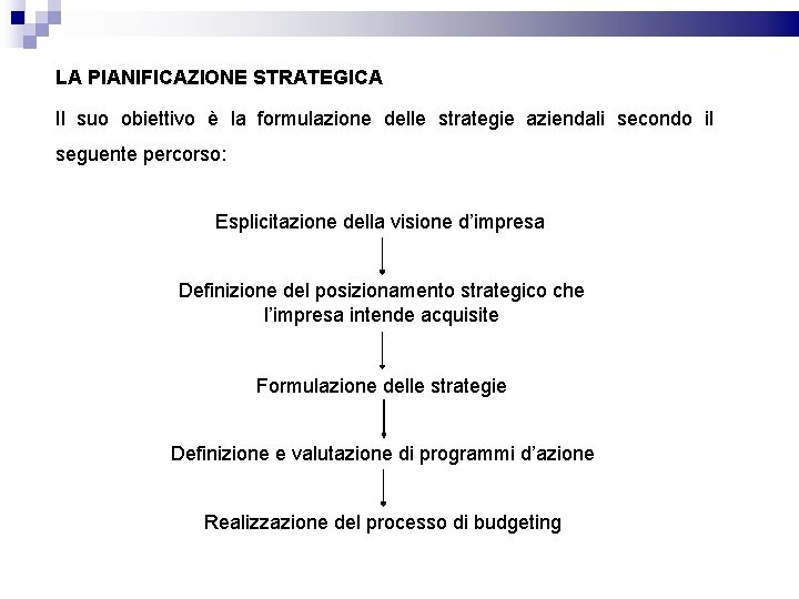 LA PIANIFICAZIONE STRATEGICA Il suo obiettivo è la formulazione delle strategie aziendali secondo il