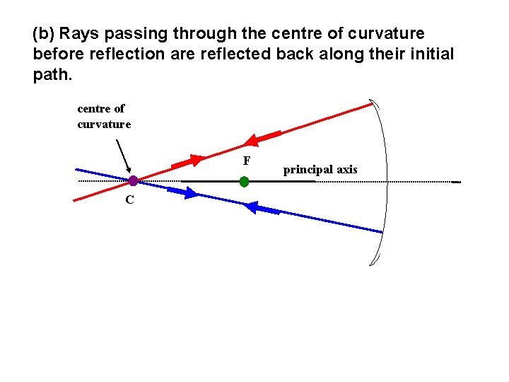 (b) Rays passing through the centre of curvature before reflection are reflected back along