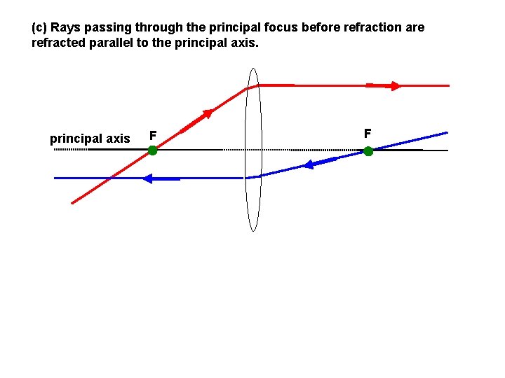 (c) Rays passing through the principal focus before refraction are refracted parallel to the