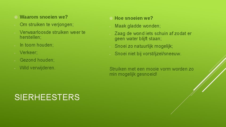  Waarom snoeien we? Hoe snoeien we? - Om struiken te verjongen; - Maak