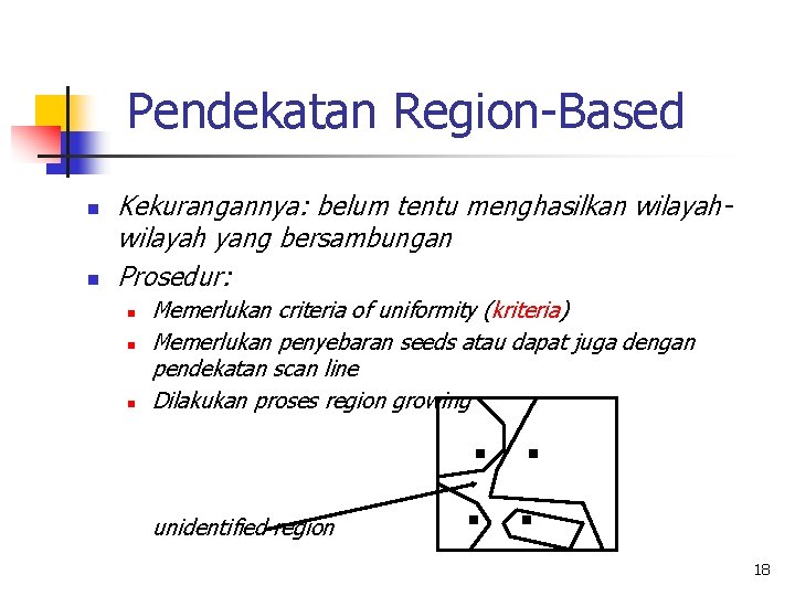 Pendekatan Region-Based n n Kekurangannya: belum tentu menghasilkan wilayah yang bersambungan Prosedur: n n