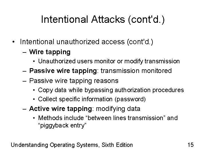 Intentional Attacks (cont'd. ) • Intentional unauthorized access (cont'd. ) – Wire tapping •