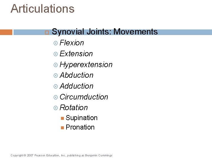 Articulations Synovial Joints: Movements Flexion Extension Hyperextension Abduction Adduction Circumduction Rotation Supination Pronation Copyright