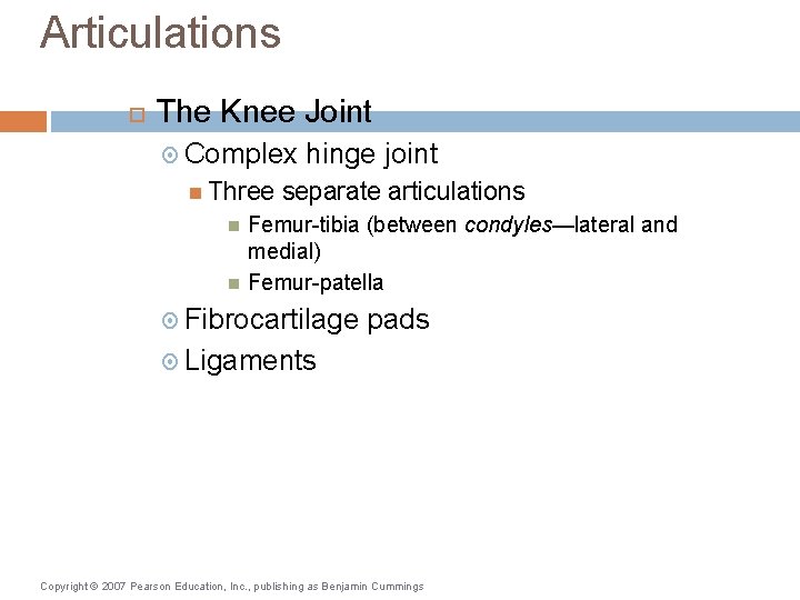 Articulations The Knee Joint Complex Three hinge joint separate articulations Femur-tibia (between condyles—lateral and