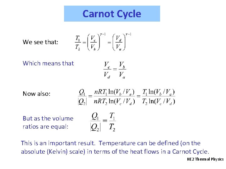 Carnot Cycle We see that: Which means that Now also: But as the volume