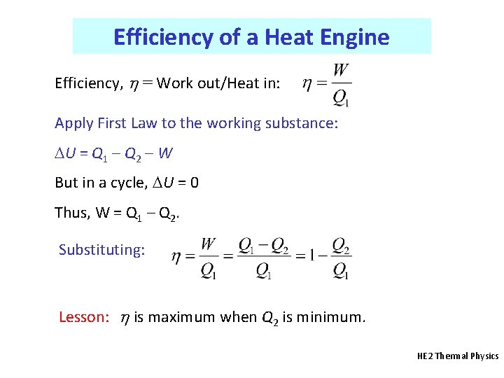 Efficiency of a Heat Engine Efficiency, h = Work out/Heat in: Apply First Law