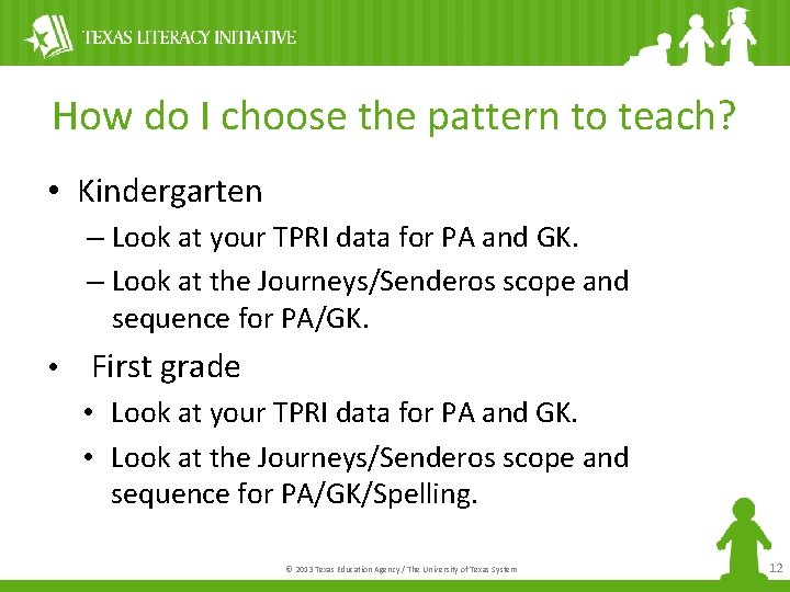 How do I choose the pattern to teach? • Kindergarten – Look at your
