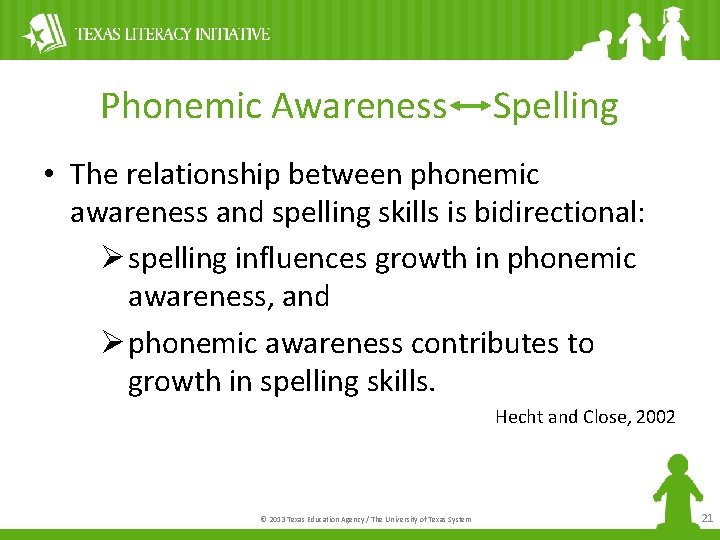 Phonemic Awareness Spelling • The relationship between phonemic awareness and spelling skills is bidirectional: