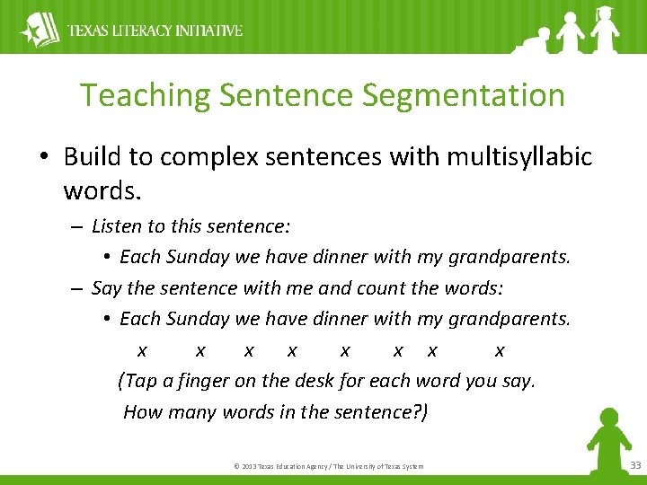 Teaching Sentence Segmentation • Build to complex sentences with multisyllabic words. – Listen to