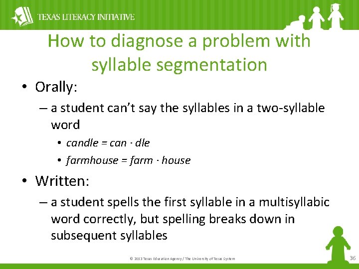 How to diagnose a problem with syllable segmentation • Orally: – a student can’t