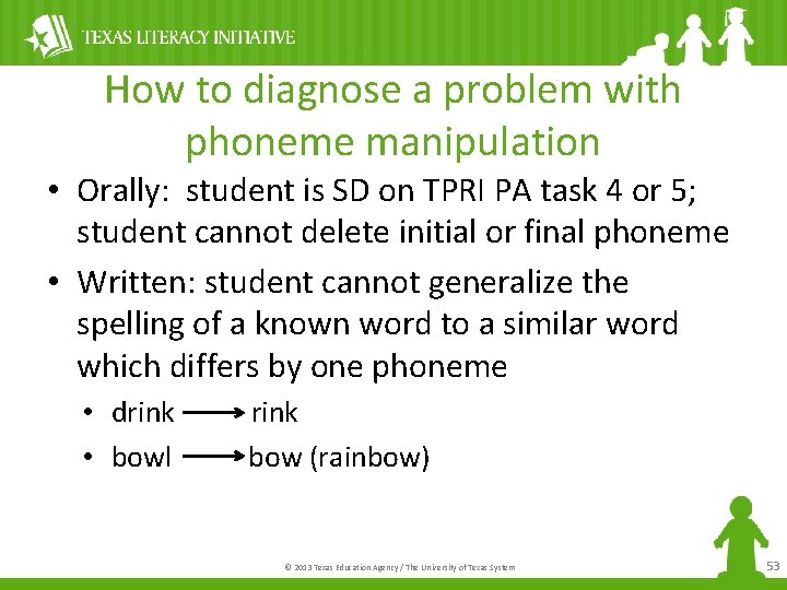 How to diagnose a problem with phoneme manipulation • Orally: student is SD on