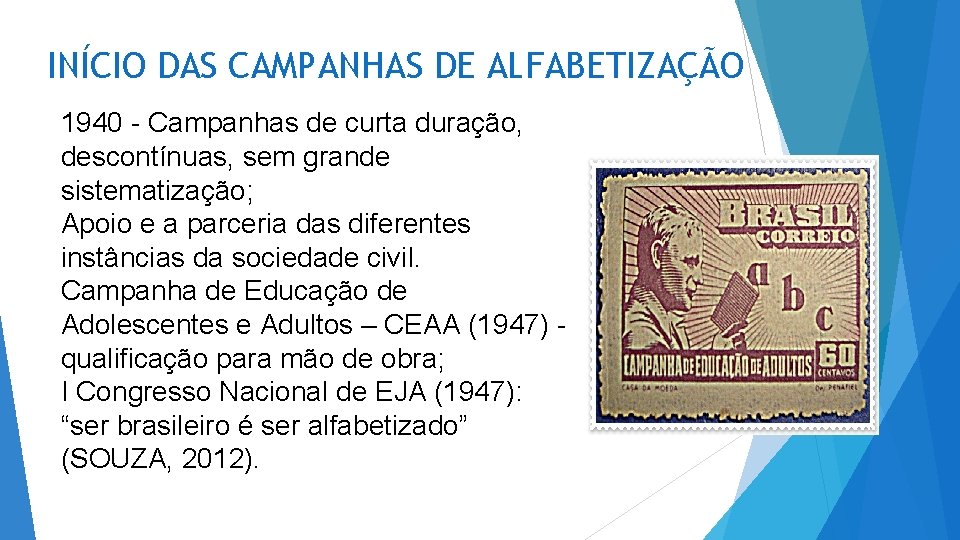 INÍCIO DAS CAMPANHAS DE ALFABETIZAÇÃO 1940 - Campanhas de curta duração, descontínuas, sem grande