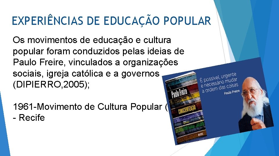 EXPERIÊNCIAS DE EDUCAÇÃO POPULAR Os movimentos de educação e cultura popular foram conduzidos pelas