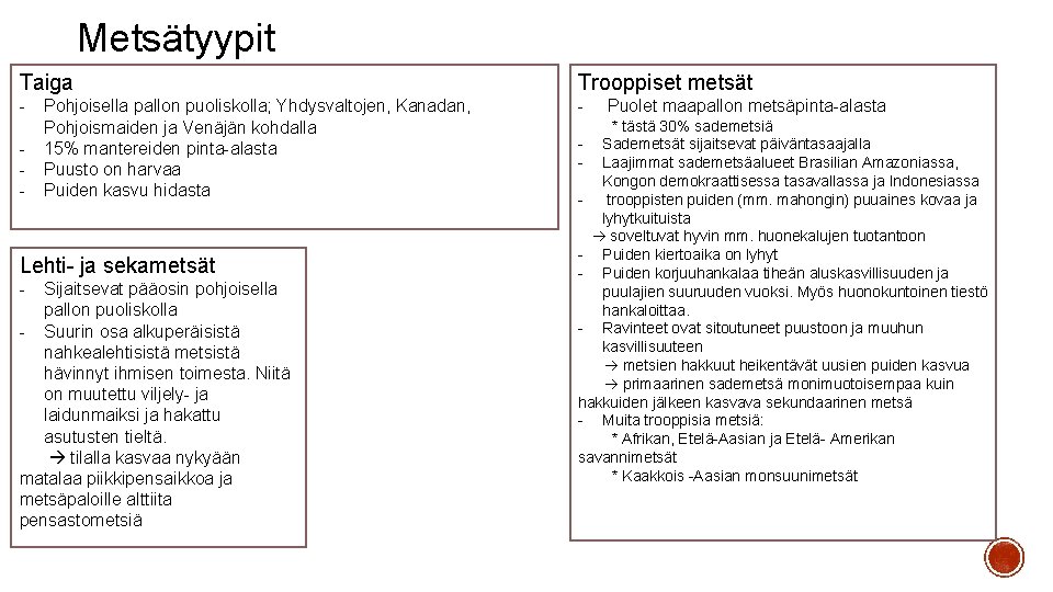 Metsätyypit Taiga Trooppiset metsät - - - Pohjoisella pallon puoliskolla; Yhdysvaltojen, Kanadan, Pohjoismaiden ja Metsätyypit Taiga Trooppiset metsät - - - Pohjoisella pallon puoliskolla; Yhdysvaltojen, Kanadan, Pohjoismaiden ja
