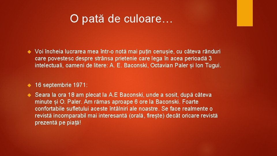 O pată de culoare… Voi încheia lucrarea mea într-o notă mai puțin cenușie, cu