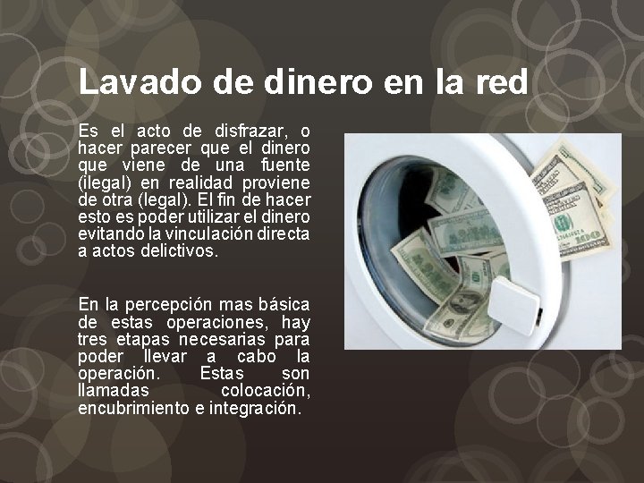 Lavado de dinero en la red Es el acto de disfrazar, o hacer parecer