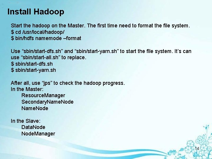 Install Hadoop Start the hadoop on the Master. The first time need to format