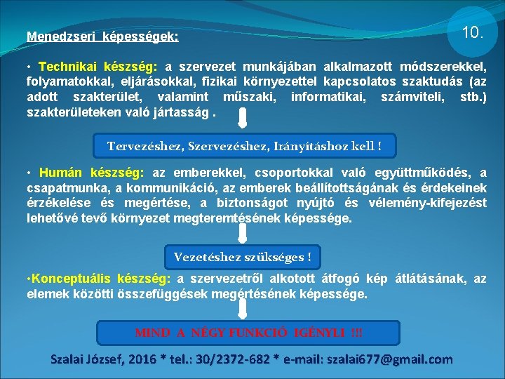 Menedzseri képességek: 10. • Technikai készség: a szervezet munkájában alkalmazott módszerekkel, folyamatokkal, eljárásokkal, fizikai