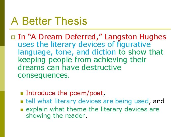 A Better Thesis p In “A Dream Deferred, ” Langston Hughes uses the literary