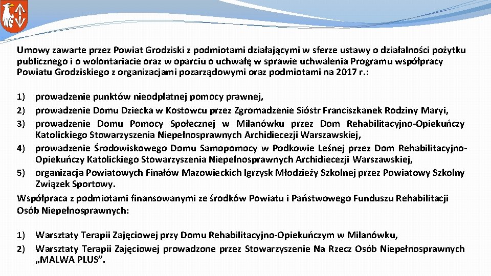 Umowy zawarte przez Powiat Grodziski z podmiotami działającymi w sferze ustawy o działalności pożytku