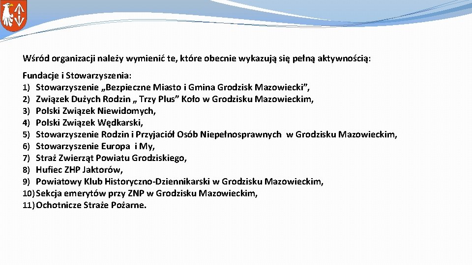 Wśród organizacji należy wymienić te, które obecnie wykazują się pełną aktywnością: Fundacje i Stowarzyszenia: