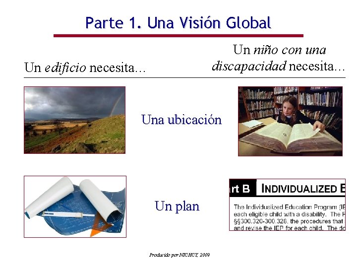 Parte 1. Una Visión Global Un niño con una discapacidad necesita… Un edificio necesita…