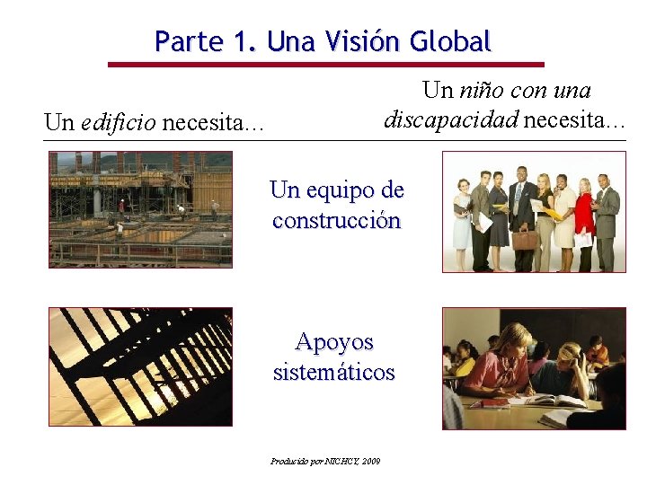 Parte 1. Una Visión Global Un niño con una discapacidad necesita… Un edificio necesita…