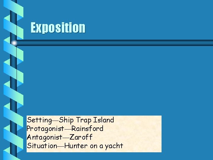  Exposition Setting—Ship Trap Island Protagonist—Rainsford Antagonist—Zaroff Situation—Hunter on a yacht 