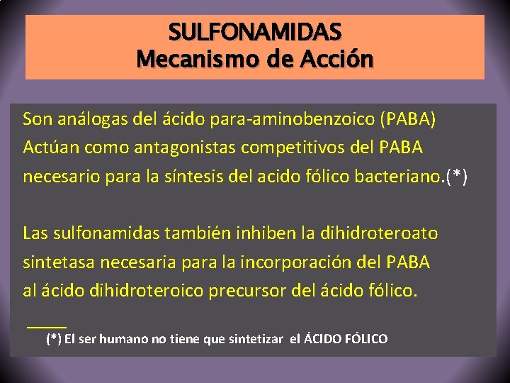SULFONAMIDAS Mecanismo de Acción Son análogas del ácido para-aminobenzoico (PABA) Actúan como antagonistas competitivos