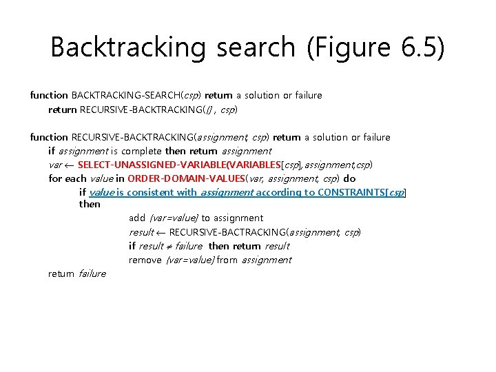 Backtracking search (Figure 6. 5) function BACKTRACKING-SEARCH(csp) return a solution or failure return RECURSIVE-BACKTRACKING({}