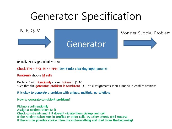 Generator Specification N, P, Q, M Monster Sudoku Problem Generator (Initially N x N