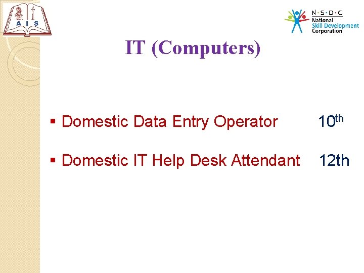 IT (Computers) § Domestic Data Entry Operator 10 th § Domestic IT Help Desk