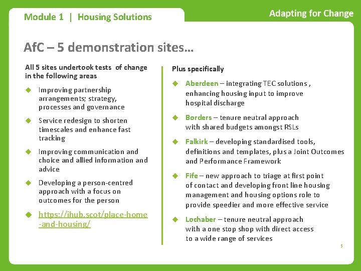 Module 1 | Housing Solutions Af. C – 5 demonstration sites… All 5 sites