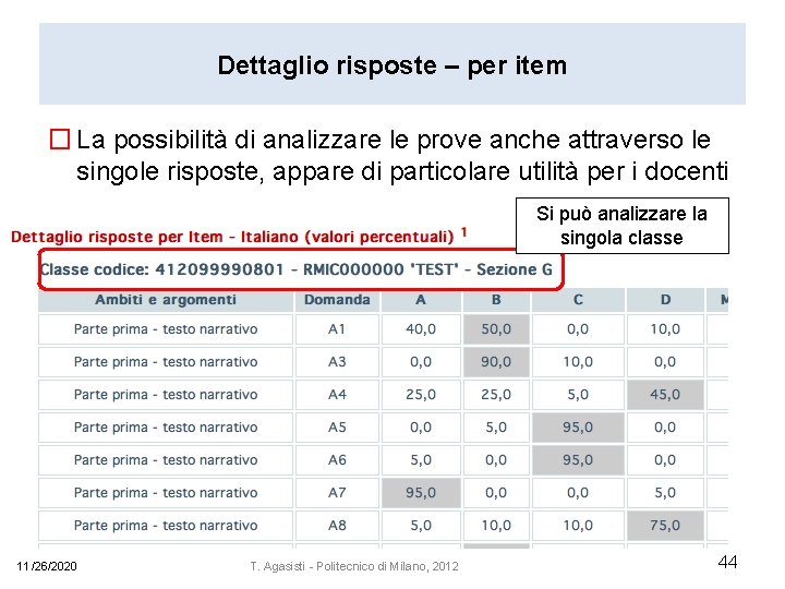 Dettaglio risposte – per item � La possibilità di analizzare le prove anche attraverso