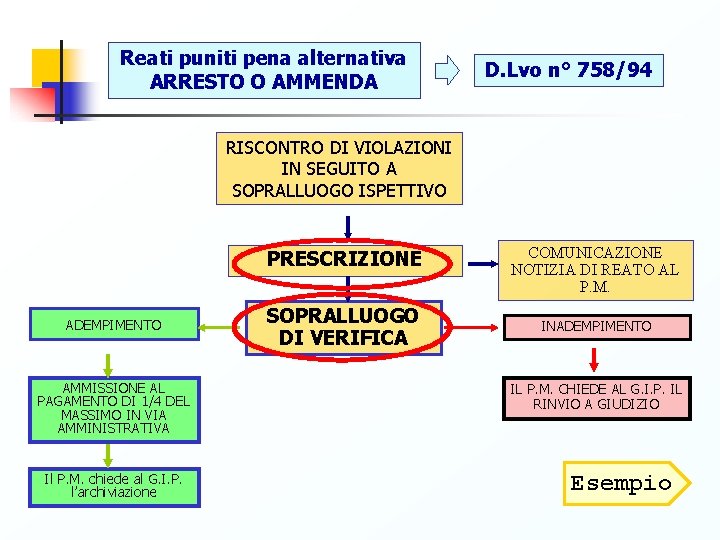 Reati puniti pena alternativa ARRESTO O AMMENDA D. Lvo n° 758/94 RISCONTRO DI VIOLAZIONI