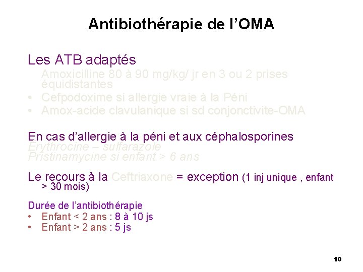 Antibiothérapie de l’OMA Les ATB adaptés Amoxicilline 80 à 90 mg/kg/ jr en 3